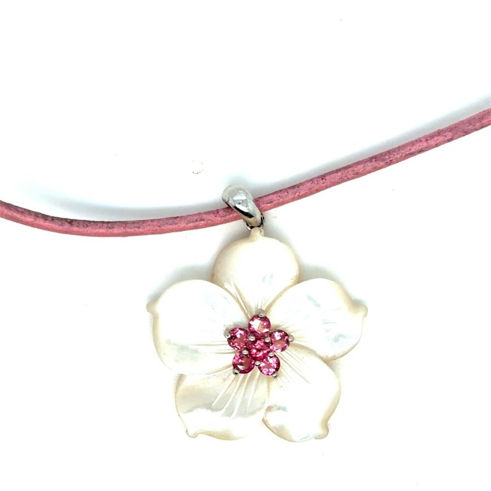 14K White Gold Pink Cord Mother of Pearl/Rubies Necklace